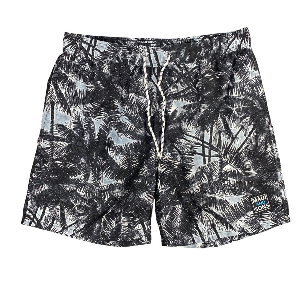 Maui and Sons Mens XL Swim Trunks‎ Black White Palm Tree Tropical Board Shorts
